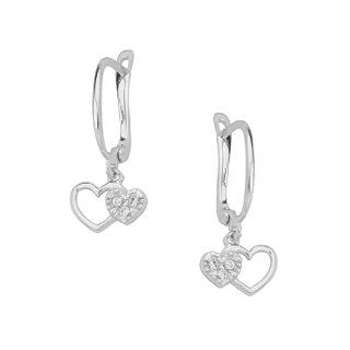 14K White Gold High Polish Finish High Polish Cubic Zirconia Two Hearts Design Earrings Goldenmine Jewelry