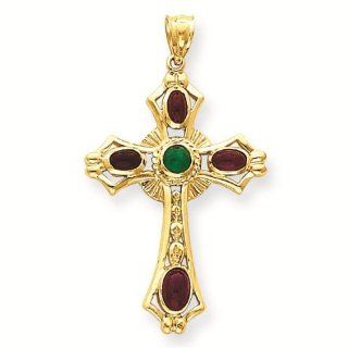 14k Ruby & Emerald Cabochon Cross Pendant GoldenMine Jewelry