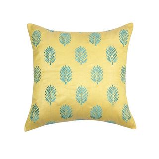 Yellow and Aqua Henna Embroidered Throw Pillow (India) Throw Pillows & Covers