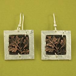 Handcrafted Pewter Grape Leaves Square Frame Cord Necklace and Earrings Set (India) Jewelry Sets