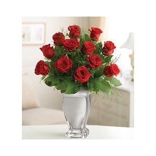 Flowers by 1800Flowers   Red Premium Long Stem Roses in Silver Vase  Fresh Cut Format Rose Flowers  Grocery & Gourmet Food