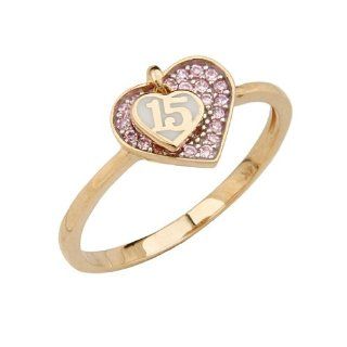 14K Yellow Gold High Polish Pave Set Pink Top Quality Shines CZ 15 Anos Quinceanera Heart Design Ladies Fashion Ring Band Engagement Rings Jewelry
