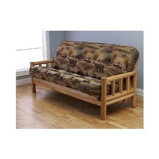 Futon Frame and Full Size Mattress Set. This Rustic Log Frame Sofa Set Easily Converts to Full size Bed. Nice. The Wildlife Upholstery Is Great in Hunting Cabin, Cottage or Log Home. 8" Thick Sleeper Provides Comfy Sleeping on Natural Lodge Furniture.