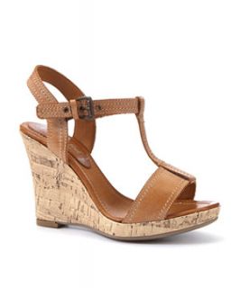 Wide Fit Leather Tan T Bar Cork Wedges