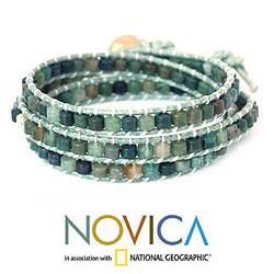 Leather 'Forest Moss' Agate Wrap Bracelet (Thailand) Novica Bracelets