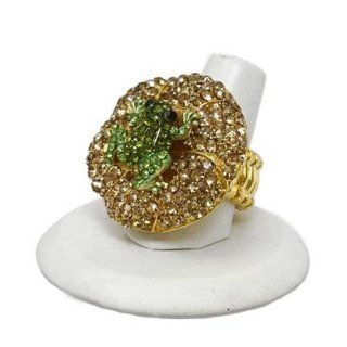 Frog Lily Pad Stretch Ring Green Amber Crystals Gold Tone 1.25 in Diameter Fashion Jewlery Jewelry