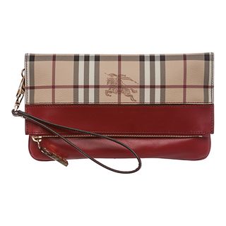 Burberry 'Adeline' Beige/ Red Haymarket Check Fold over Wristlet Burberry Designer Handbags