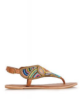 Tan Leather Multicolour Bead T Bar Sandals