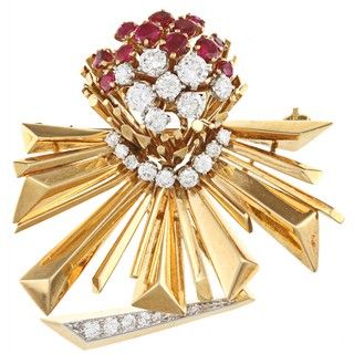 18k Gold Ruby and 1 2/5ct TDW Diamond 1950?s Retro Brooch (F G, VS1 VS2) Estate and Vintage Brooches & Pins