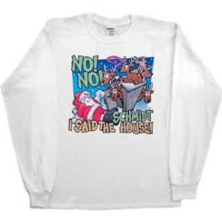 MENS LONG SLEEVE T SHIRT  SAND   SMALL   No No I Said The Schmidt House   Funny Santa Reindeer Outhouse Christmas Clothing