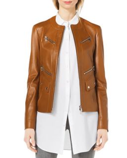 Womens Leather Moto Zip Front Jacket   Michael Kors   Luggage (6)