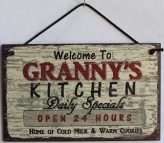 5x8 Vintage Style Sign Saying, "Welcome to GRANNY'S KITCHEN Daily Specials OPEN 24 HOURS Home of Cold Milk & Warm Cookies" Decorative Fun Universal Household Signs from Egbert's Treasures  