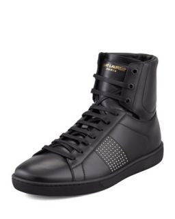 Mens Leather Studded Side High Top Sneaker   Saint Laurent   Black (43.5/10.5D)