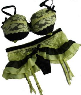 Satin and Lace Black and Wild Lime Yellow Bra & Skirt Set (38C, Black/Yellow (Shown)) Adult Exotic Bras Clothing