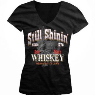 Still Shinin' Since 1776, Moonshine Ladies Junior Fit V neck T shirt, Sour Mash Whiskey Original Blend Moonshiner Design Junior's V Neck Tee Clothing