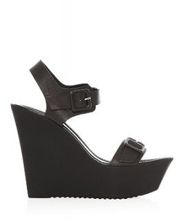 Black Leather Buckle Strappy Open Toe Wedges