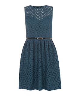 Teal Diamond Lace Belted Skater Dress