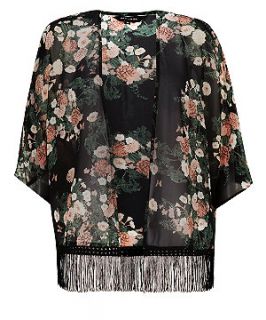 Black Pink and Green Floral Fringed Kimono