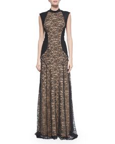 Haute Hippie Lace Mock Neck Gown with Suede, Black