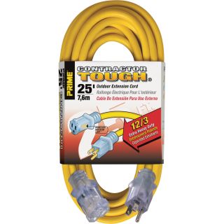 Prime Wire & Cable Contractor Tough Outdoor Extension Cord — 25-Ft., 12/3, 15 Amp, 125 Volt, 1,875 Watt, Yellow, Model# EC511825  Extension Cords
