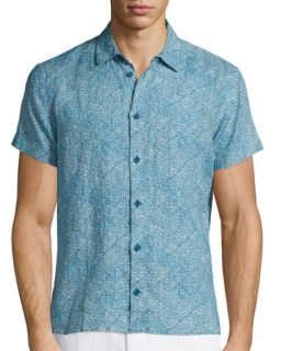 Orlebar Brown Batik Print Short Sleeve Linen Shirt, Teal