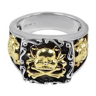 18k Yellow Gold and Sterling Silver Mens Skull and Crossbones Ring