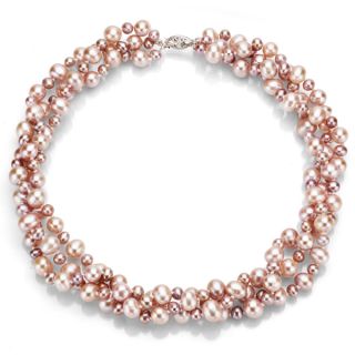 DaVonna Silver Multi Pink FW Pearl 3 row Twisted Necklace (4 mm/ 8 mm)