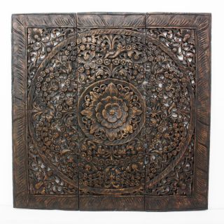 Hand carved Black Stained Lotus Teak Wood Wall Panel , Handmade in