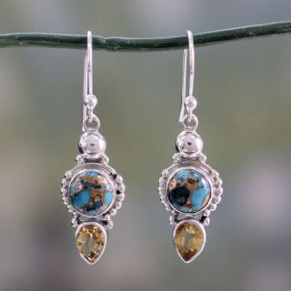 Sterling Silver Summer Sunset Citrine Turquoise Earrings (India