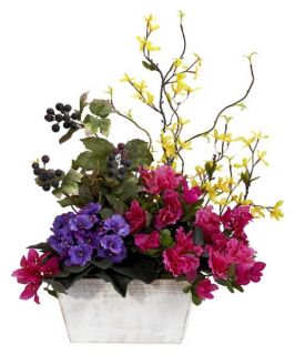 Mixed Floral with Azalea & White Wash Planter Silk Arrangement   Silk Flowers