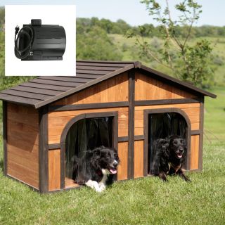 Merry Products Darker Stain Duplex Dog House With Heating & Cooling Unit Package