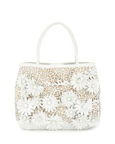Nancy Gonzalez Panama Floral Cutout Straw Basket Tote Bag, White