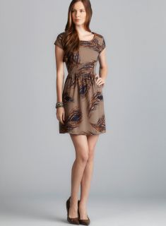 Kensie Faux Leather Trim Cap Sleeve Feather Printed Dress  