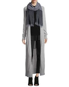 Eileen Fisher Fisher Project Cashmere Maxi Cardigan, Georgette Tunic W/ Step Hem, Jersey Long Slim Camisole,  Scarf W/ Fringe & Ponte Leather Blocked Leggings