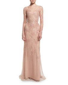 Monique Lhuillier Long Sleeve Embellished Charmeuse Column Gown, Light Pink
