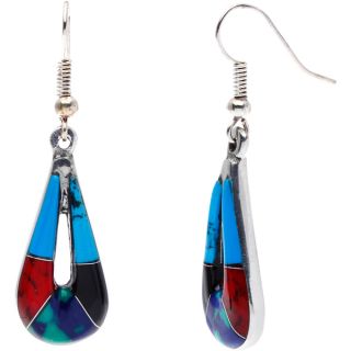 Silver Inlaid Turquoise and Polished Stone Teardrop Earrings (Mexico)