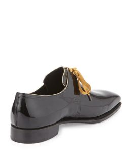 Corthay Arca Patent Leather Derby Shoe with Gold Piping, Black