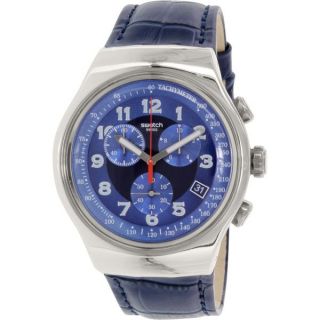 Swatch Mens YOS449 Irony Chronograph Blue Leather Watch  