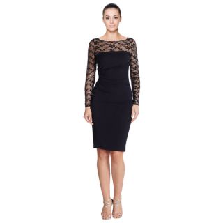 David Meister Navy Sequin Lace Ruched Jersey Long Sleeve Illusion Top