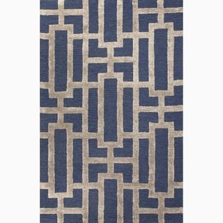 Hand Made Geometric Pattern Blue/ Gray Wool/ Art Silk Rug (9.6x13.6
