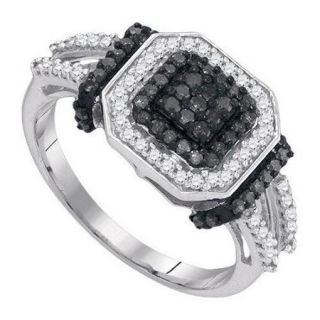 10K White Gold 0.50ctw Glamorous Black Pave Diamond Asscher Fashion Ring