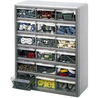 Stack On 18 Bin Plastic Drawer Cabinet, Silver Gray