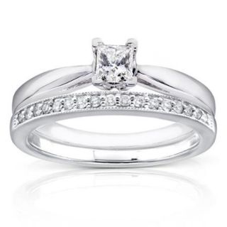 Annello 14k White Gold 1/3ct TDW Princess Solitaire and Pave Band Diamond Bridal Rings Set (H I, I1 I2) Size 4.5