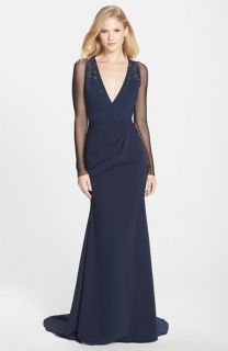 Pamella, Pamella Roland Mesh Sleeve Crepe Trumpet Gown