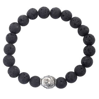 Mens Stainless Steel Polished Buddha and Black Lava Stone Beaded