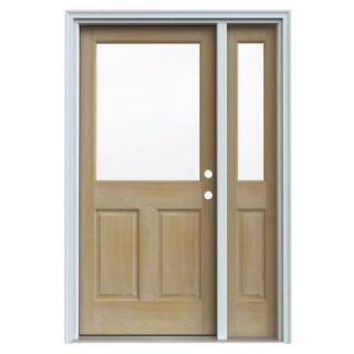 JELD WEN 1/2 Lite Unfinished AuraLast Pine Wood Prehung Front Door with 14 in. Sidelites & Primed Jamb & Brick DISCONTINUED THDJW185400021