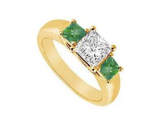 Three Stone Diamond and Emerald Ring 14K Yellow Gold 0.50 CT TGW
