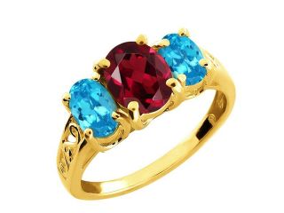 2.50 Ct Oval Red Rhodolite Garnet and Swiss Blue Topaz 14k Yellow Gold Ring