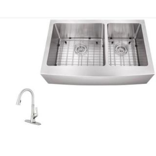 Schon All in One Farmhouse Apron Front Stainless Steel 36 in. Double Bowl Kitchen Sink with Faucet SC1967550SS