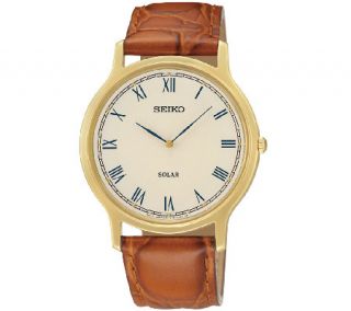 Seiko Mens Goldtone Brown Leather Strap Watch —